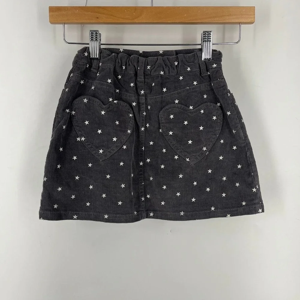Mini Boden Girls Gray Corduroy Star Print Skirt Heart Pockets Size 7-8Y 32504
